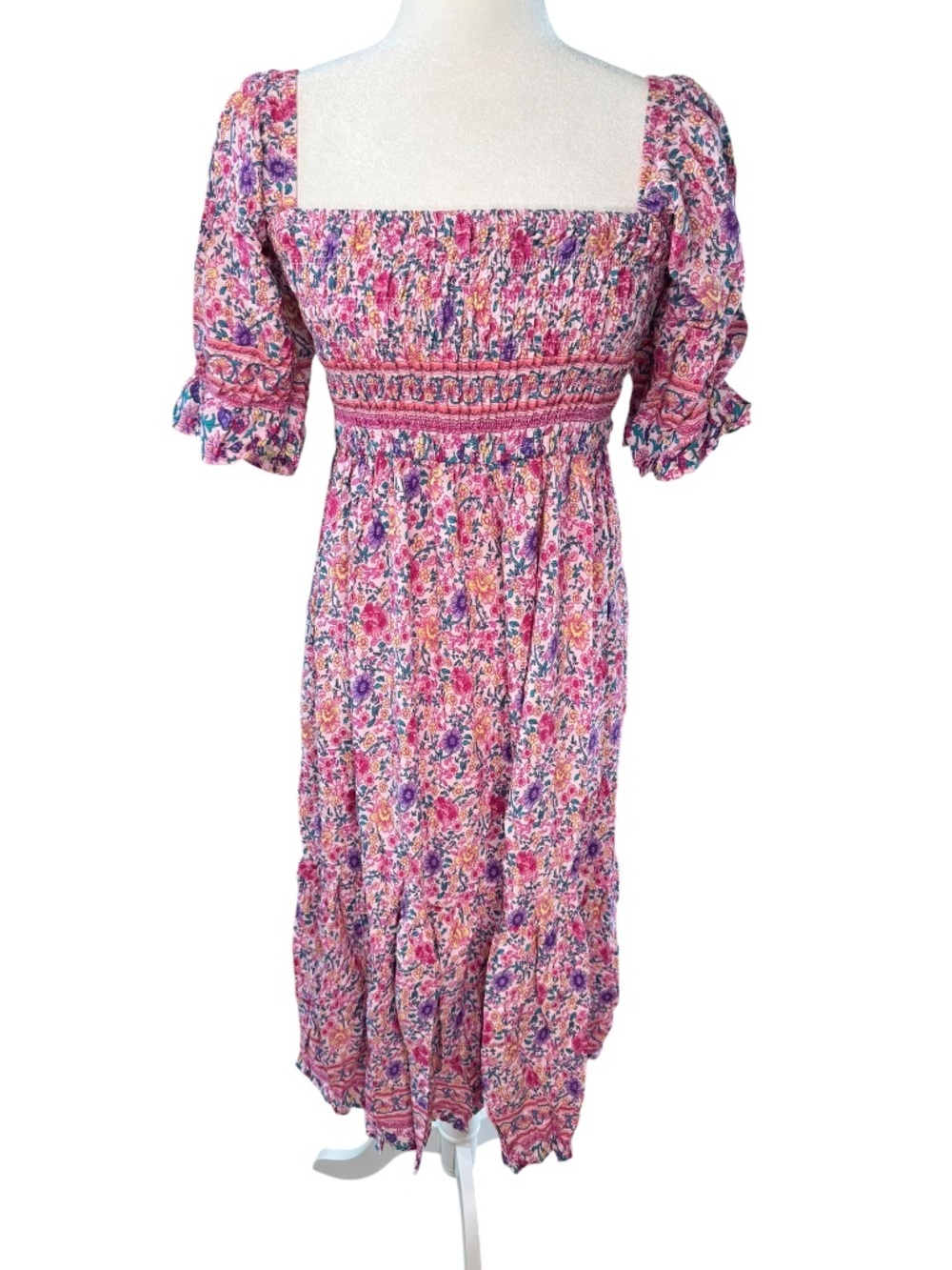 Pink Floral Smocked Puff Sleeve Midi Dress Size Large - Picture 1 of 9